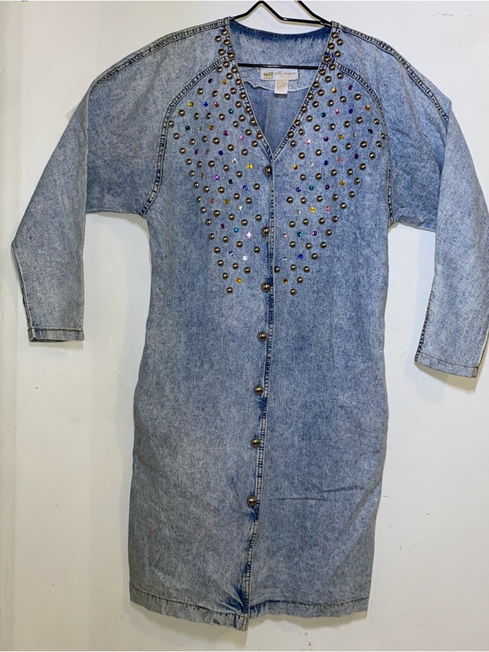 Vintage Monique Fashion Denim Dress/Jacket with Rhinestones and Studs Size 5/6